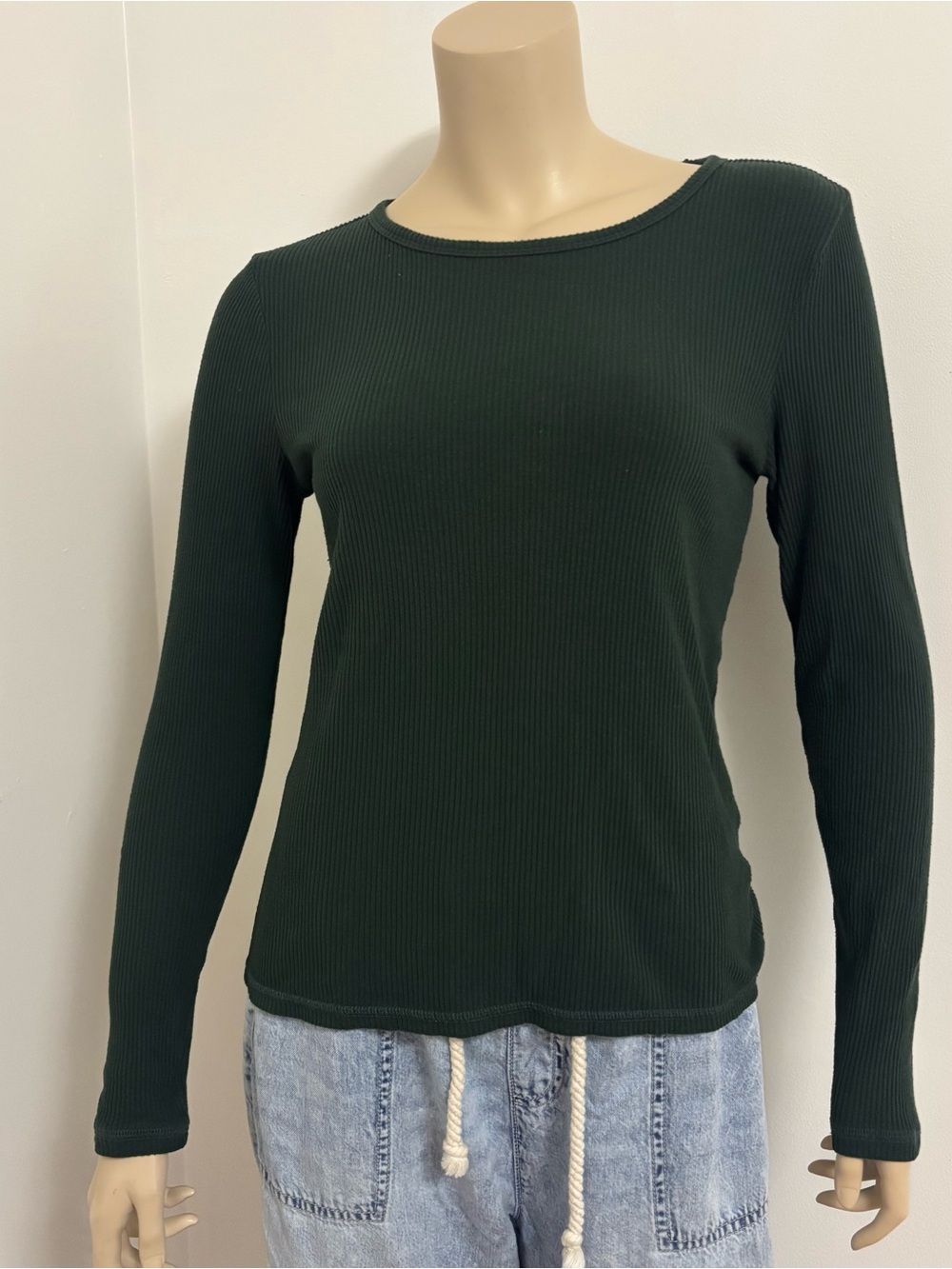 Old Navy Long Sleeve Ribbed Crewneck Top - Dark Green Size Medium